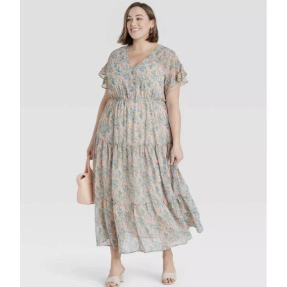 Women's Ava & Viv Pastel Floral Tiered Maxi Dress‎ Flutter Sleeves Plus Size 1X - Picture 1 of 10